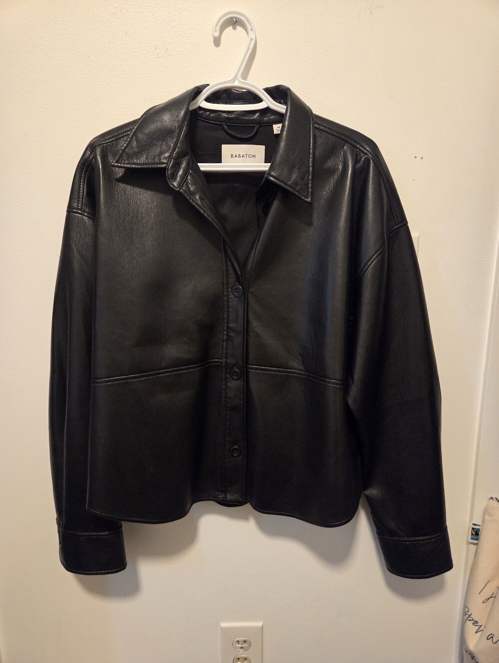 Babaton Black Faux Leather Button-Front Jacket with Classic Collar